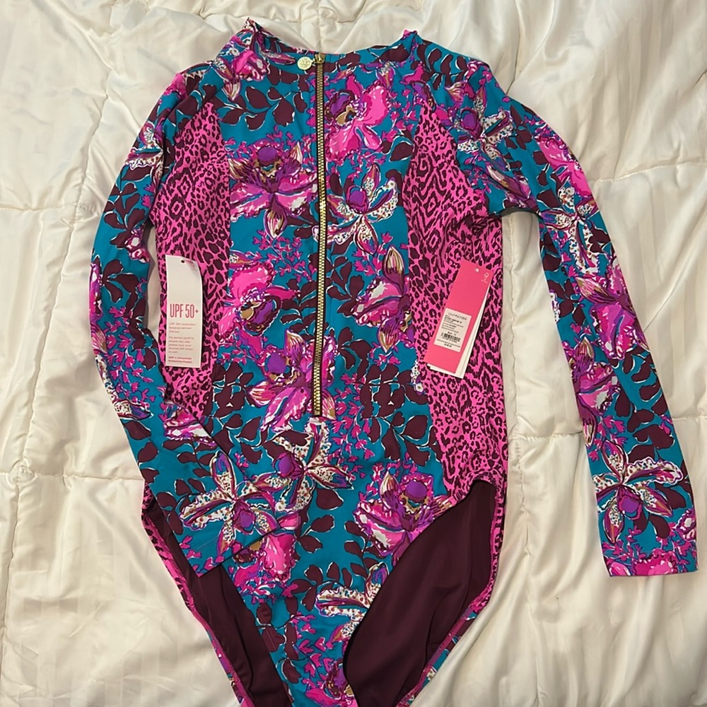 Lilly Pulitzer, Raffa rash guard one piece 
blue Rhapsody 
orchid you not swim